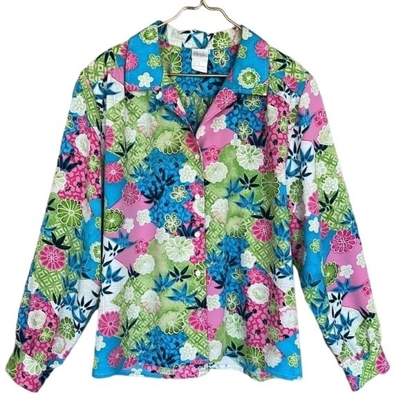 Vintage Tops - Vintage Bleyle Bright Floral Long Sleeve Button-Down Blouse Size 18